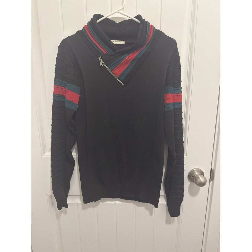 LCR Black Edition Shawl Collar Zip Pullover Sweater Black Red Green Striped M‎